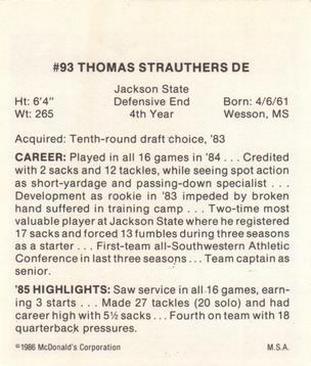 1986 McDonald's Philadelphia Eagles #NNO Tom Strauthers Back