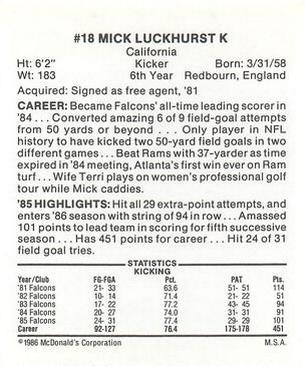 1986 McDonald's Atlanta Falcons #NNO Mick Luckhurst Back