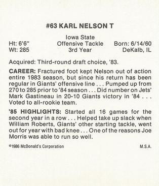 1986 McDonald's New York Giants #NNO Karl Nelson Back