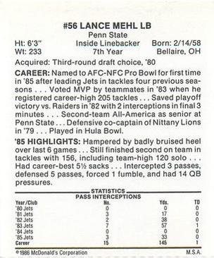 1986 McDonald's New York Jets #NNO Lance Mehl Back