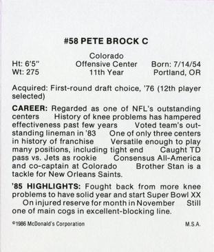 1986 McDonald's New England Patriots #NNO Pete Brock Back