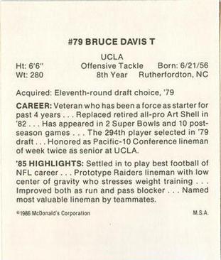 1986 McDonald's Los Angeles Raiders #NNO Bruce Davis Back