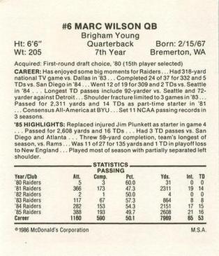 1986 McDonald's Los Angeles Raiders #NNO Marc Wilson Back
