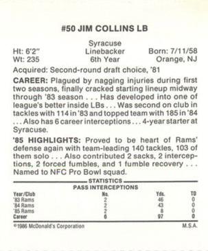 1986 McDonald's Los Angeles Rams #NNO Jim Collins Back