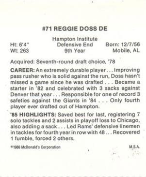 1986 McDonald's Los Angeles Rams #NNO Reggie Doss Back