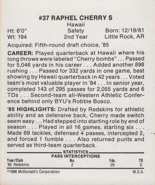 1986 McDonald's Washington Redskins #NNO Raphel Cherry Back