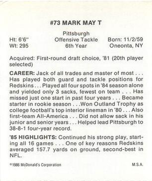 1986 McDonald's Washington Redskins #NNO Mark May Back