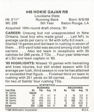 1986 McDonald's New Orleans Saints #NNO Hokie Gajan Back
