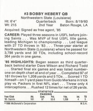 1986 McDonald's New Orleans Saints #NNO Bobby Hebert Back