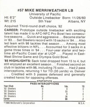 1986 McDonald's Pittsburgh Steelers #NNO Mike Merriweather Back