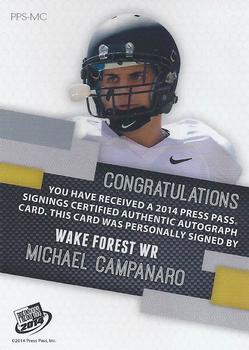 2014 Press Pass - Autographs Gold #PPS-MC Michael Campanaro Back