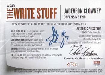 2014 SAGE HIT - Write Stuff Autographs #WSA3 Jadeveon Clowney Back