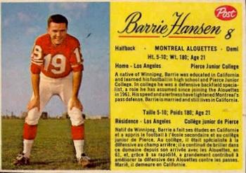 1963 Post Cereal CFL #8 Barrie Hansen Front