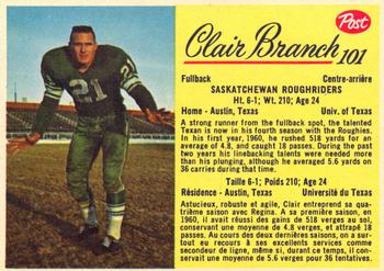 1963 Post Cereal CFL #101 Clair Branch Front