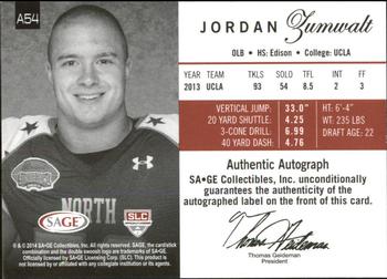 2014 SAGE Autographed #A54 Jordan Zumwalt Back
