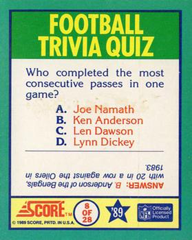1989 Score - Magic Motion: Football Trivia Quiz #8 Football Trivia Quiz Back