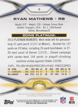 2014 Topps Platinum #4 Ryan Mathews Back