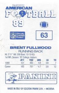 1989 Panini Stickers (UK) #63 Brent Fullwood Back