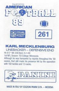 1989 Panini Stickers (UK) #261 Karl Mecklenburg Back