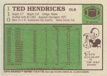 2001 Topps Archives #118 Ted Hendricks Back