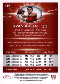 2013 SAGE HIT - Red #116 Ryan Aplin Back