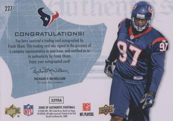 2008 SP Authentic #227 Frank Okam Back