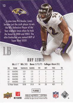 2008 SP Authentic #13 Ray Lewis Back