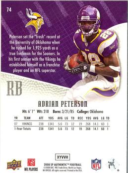 2008 SP Authentic #74 Adrian Peterson Back