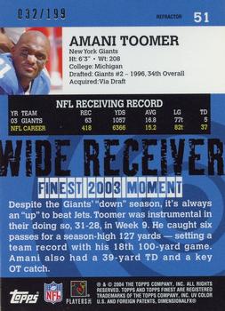 2004 Finest - Refractors #51 Amani Toomer Back