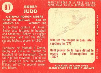 1958 Topps CFL #87 Bobby Judd Back