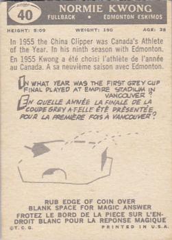 1959 Topps CFL #40 Normie Kwong Back