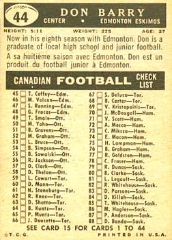 1959 Topps CFL #44 Don Barry Back