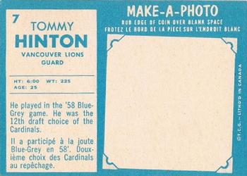 1961 Topps CFL #7 Tommy Hinton Back