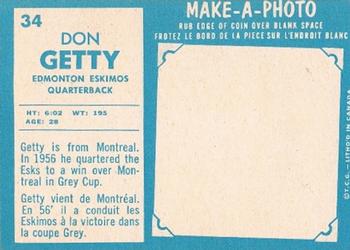 1961 Topps CFL #34 Don Getty Back