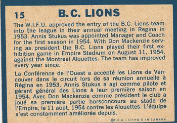 1961 Topps CFL #15 Lions Team Photo Back