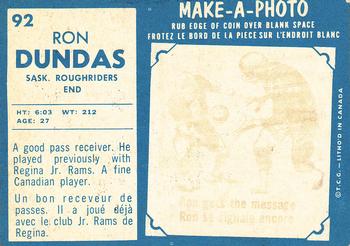 1961 Topps CFL #92 Ron Dundas Back