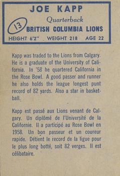 1962 Topps CFL #13 Joe Kapp Back