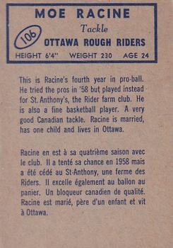 1962 Topps CFL #106 Moe Racine Back