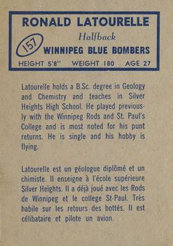 1962 Topps CFL #157 Ronald Latourelle Back