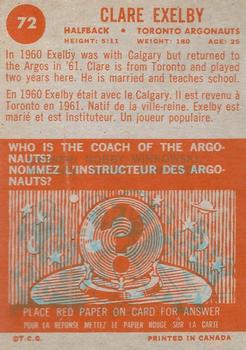 1963 Topps CFL #72 Clare Exelby Back
