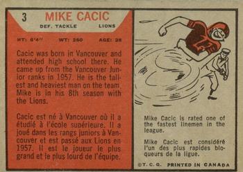 1965 Topps CFL #3 Mike Cacic Back