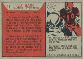 1965 Topps CFL #17 Lu Bain Back