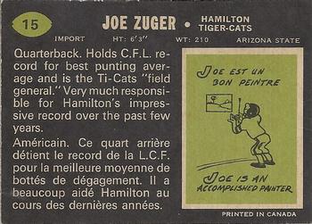1970 O-Pee-Chee CFL #15 Joe Zuger Back