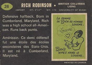 1970 O-Pee-Chee CFL #26 Rich Robinson Back