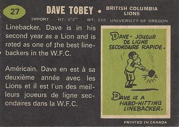 1970 O-Pee-Chee CFL #27 Dave Tobey Back