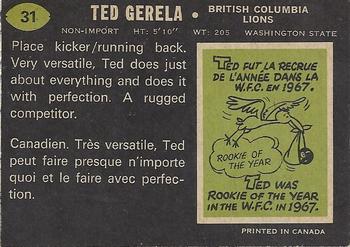 1970 O-Pee-Chee CFL #31 Ted Gerela Back
