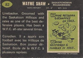 1970 O-Pee-Chee CFL #82 Wayne Shaw Back