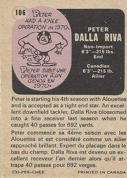 1971 O-Pee-Chee CFL #106 Peter Dalla Riva Back