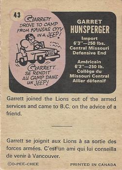 1971 O-Pee-Chee CFL #43 Garrett Hunsperger Back
