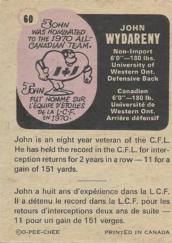1971 O-Pee-Chee CFL #60 John Wydareny Back